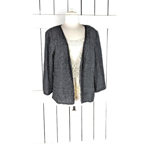 90s vintage black beaded cover up evening blazer jacket XL - Picture 3 of 6